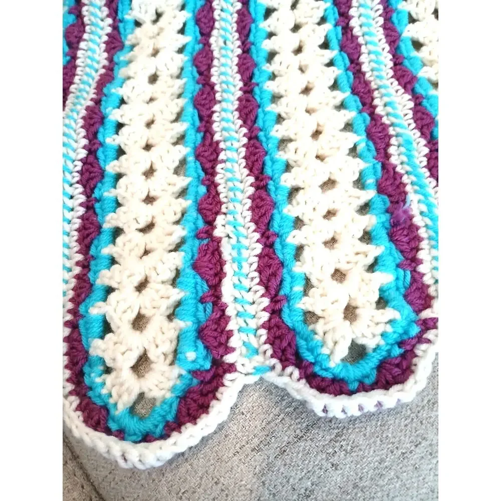 VNT Crochet Blanket Throw Afghan 68.x37 Blue White Stripes Scallop Hippie Granny